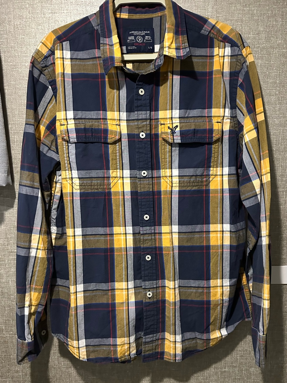 American Eagle Outfitters Navy, Yellow & White Plaid Button-Down Shirt